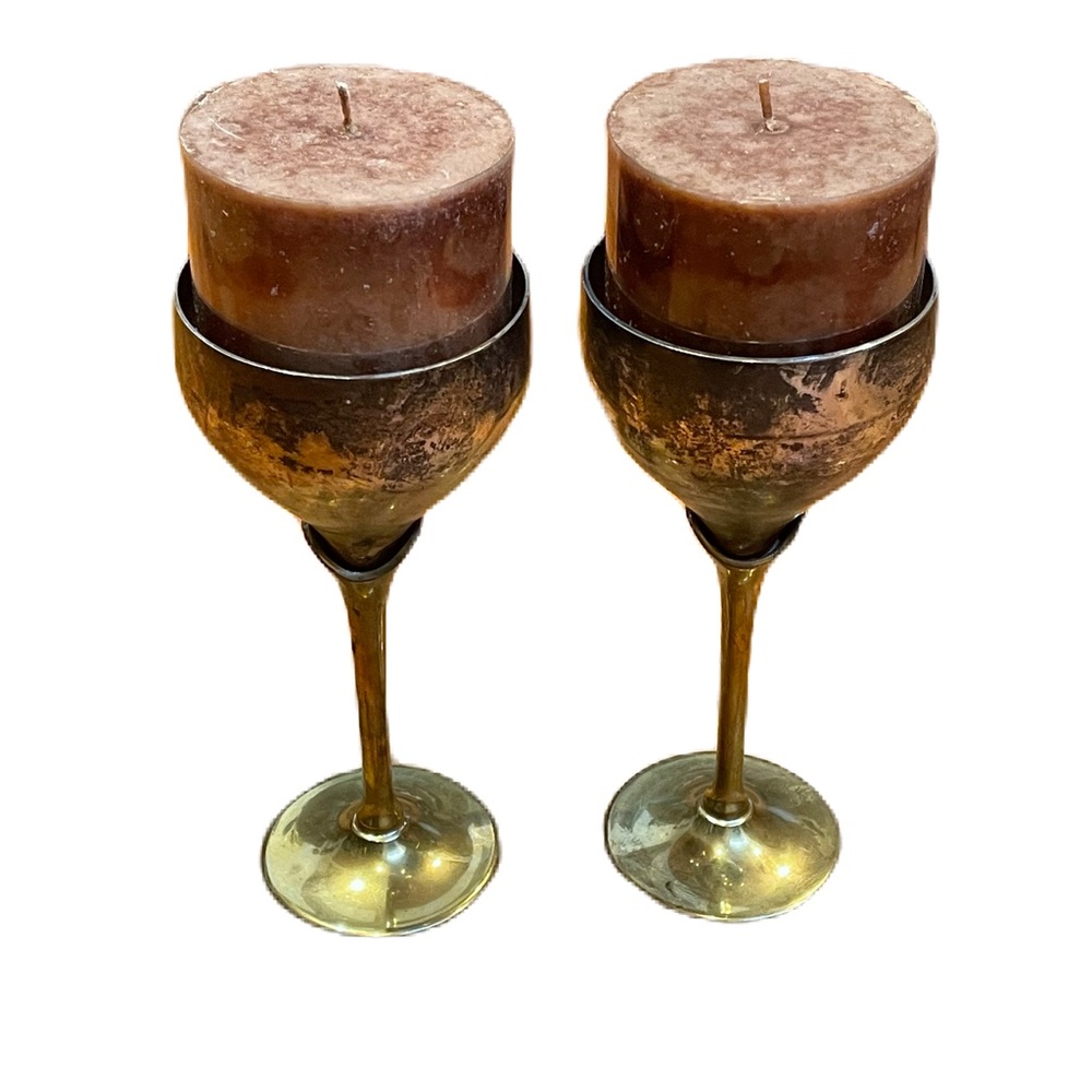 Vintage Penco Brass Tulip Stemmed Wine Goblets Set of 2